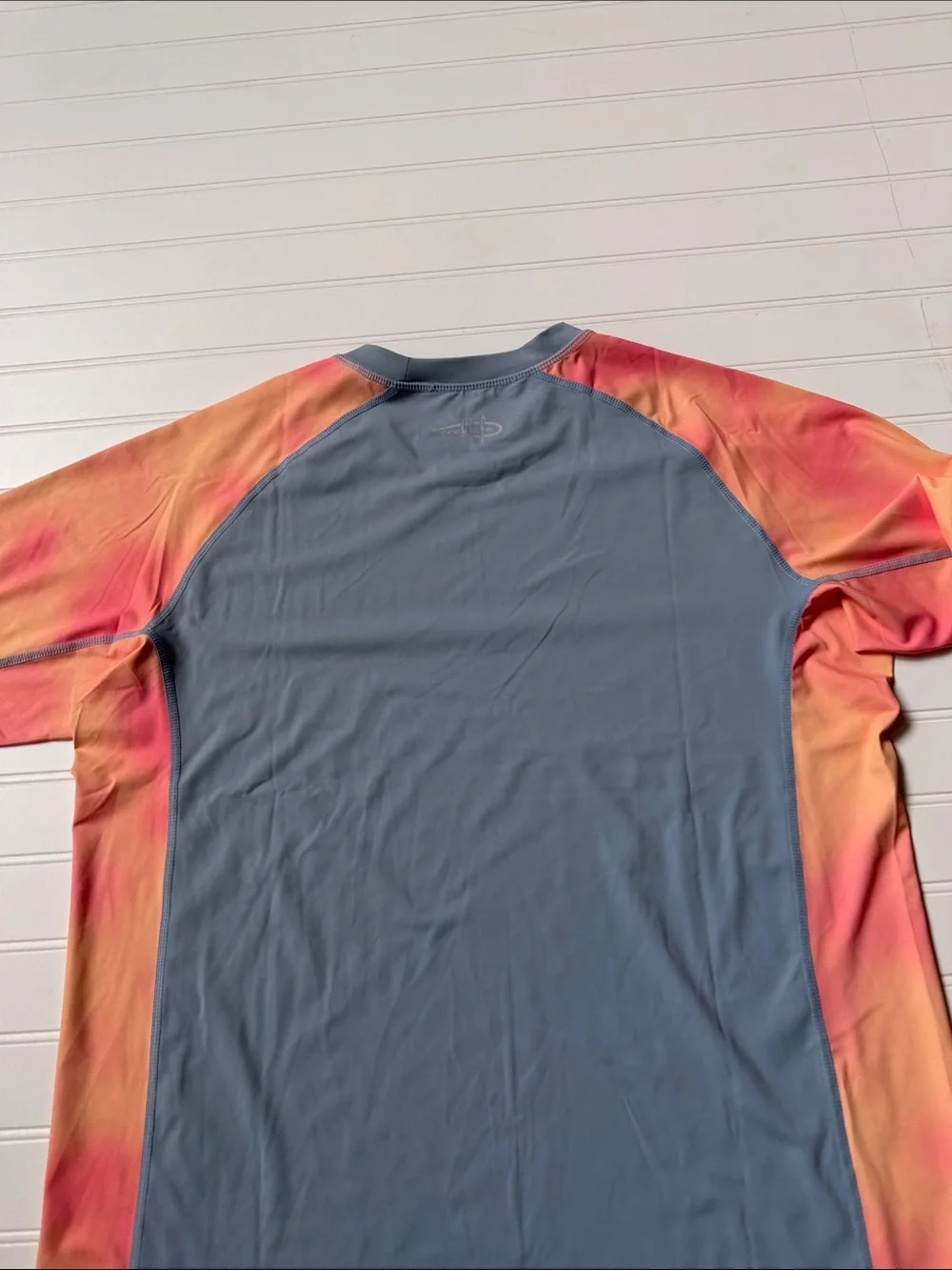 (073)Reel Life Men's Short-Sleeve Rash Guard in Slate Blue wCoral-Peach Sleeves
